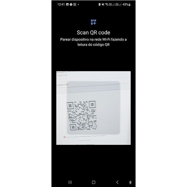 QR code - pareando o dispositivo para instalar Apps via Wi-Fi.