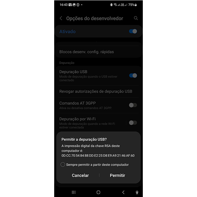 Mensagem de permissão de depuração USB. (Android Studio)