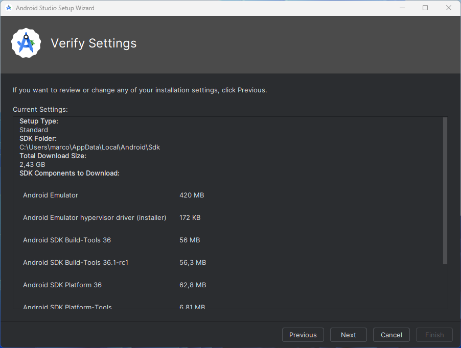 Recursos que vão ser instalados junto com o Android Studio.