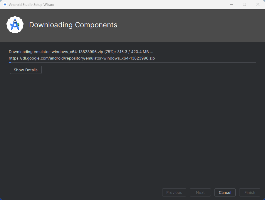 Download dos componentes do Android.