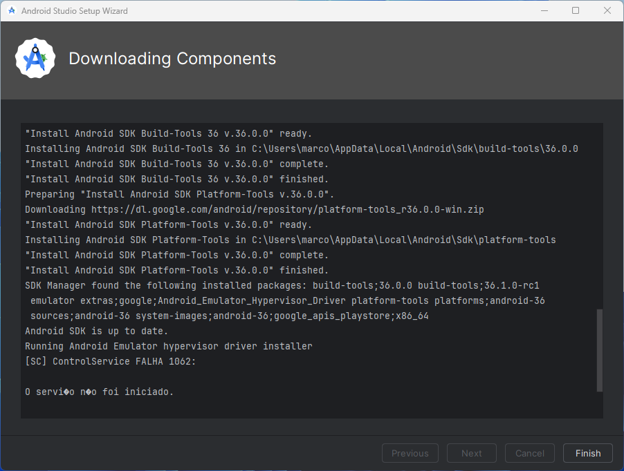 Instalação dos recursos do Android realizado com sucesso.