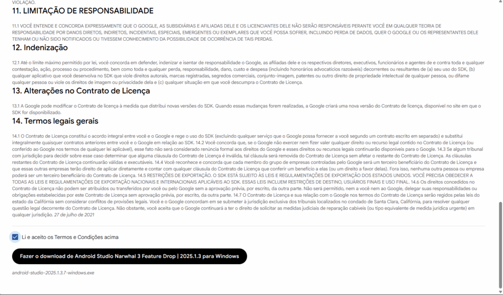 Janela de download do Android Studio.