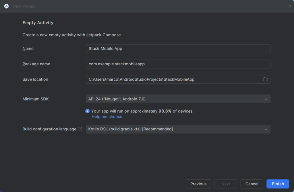 Configuração de um novo projeto Android.