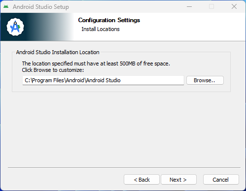 Local onde o Android Studio vai ficar instalado.