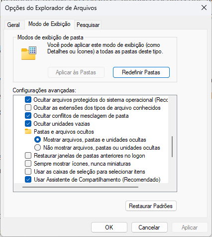 Opções do Explorador de Arquivos